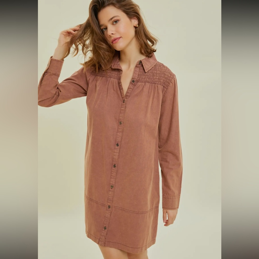 Mineral Washed Button Down Shirt Dress in Marsala - Picture 2 of 4